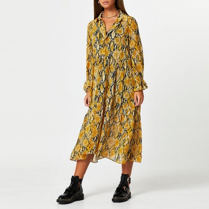 RIVER ISLAND Yellow snake print smock shirt midi dress – glamorous reptile prints - flipped