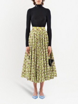 Prada geometric pattern midi full skirt ~ green and brown square print skirts ~ logo fashion - flipped