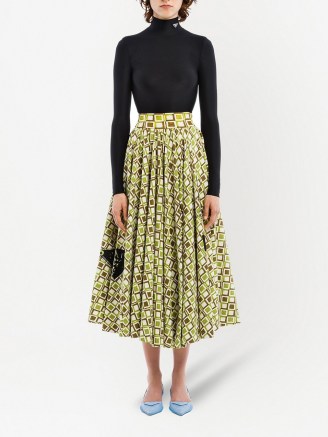 Prada geometric pattern midi full skirt ~ green and brown square print skirts ~ logo fashion