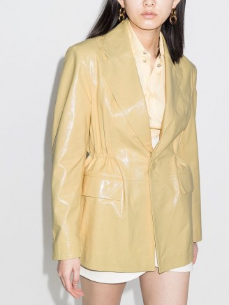 REMAIN high-shine leather blazer in soft yellow ~ shiny gathered-waist blazers - flipped