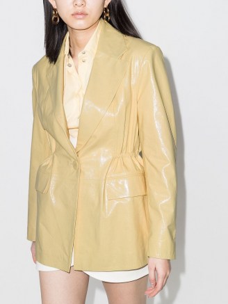 REMAIN high-shine leather blazer in soft yellow ~ shiny gathered-waist blazers