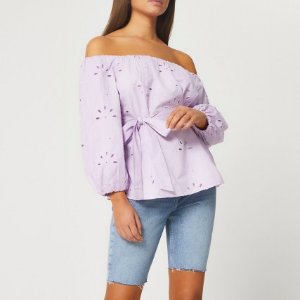 RIVER ISLAND Purple broderie belted bardot top ~ off the shoulder summer tops with tie waist - flipped