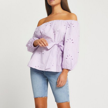 RIVER ISLAND Purple broderie belted bardot top ~ off the shoulder summer tops with tie waist