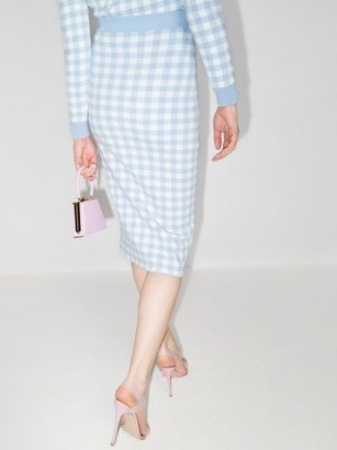 Alessandra Rich gingham knitted midi skirt / fresh blue and white checks
