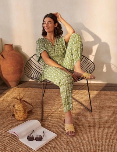 BODEN Alice Wrap Jumpsuit Pea Pineapple Geo / green fruit print jumpsuits for summer 2021 - flipped