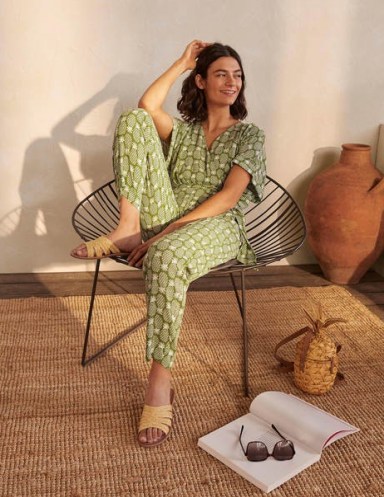 BODEN Alice Wrap Jumpsuit Pea Pineapple Geo / green fruit print jumpsuits for summer 2021