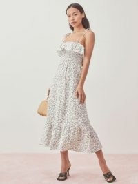 REFORMATION Ametrine Linen Dress ~ ruffled skinny strap summer dresses