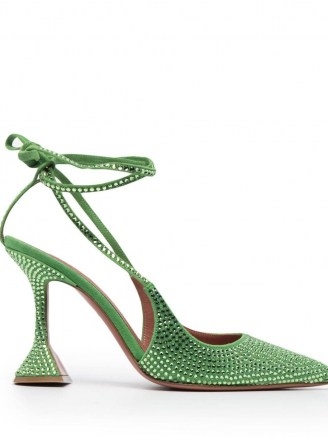 Amina Muaddi Karma crystal-embellished pumps / luxe green flared high heels / pointed toe ankle tie shoes - flipped