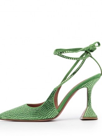 Amina Muaddi Karma crystal-embellished pumps / luxe green flared high heels / pointed toe ankle tie shoes