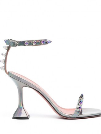 Amina Muaddi metallic-effect studded sandals | silver flared heels
