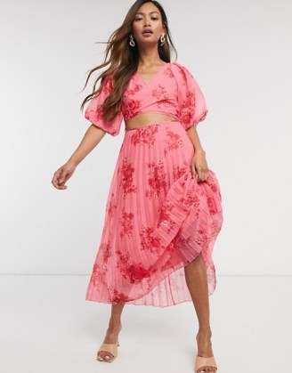 holiday cocktail dresses – ASOS DESIGN wrap around pleated midi dress in floral print - flipped