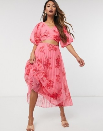 holiday cocktail dresses – ASOS DESIGN wrap around pleated midi dress in floral print