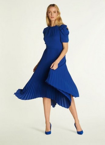 L.K. BENNETT AVELINE BLUE PLEATED ASYMMETRIC DRESS ~ floaty puff sleeve dresses - flipped