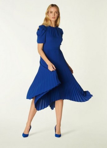 L.K. BENNETT AVELINE BLUE PLEATED ASYMMETRIC DRESS ~ floaty puff sleeve dresses