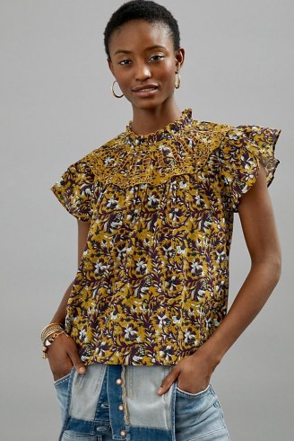 Othilia Federica Ruffled Blouse Yellow Motif / floral frill neck blouses - flipped