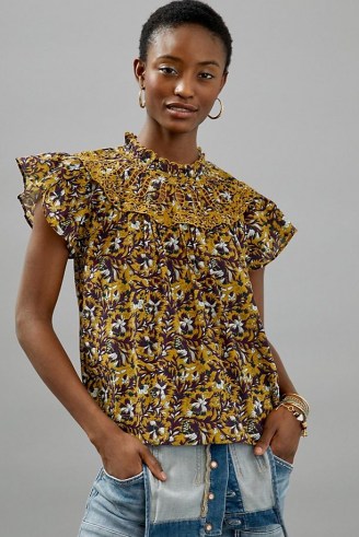 Othilia Federica Ruffled Blouse Yellow Motif / floral frill neck blouses