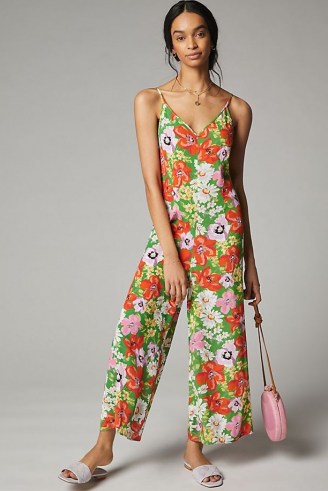 Kachel Pandora Ditsy-Print Jumpsuit | green floral cami strap summer jumpsuits - flipped