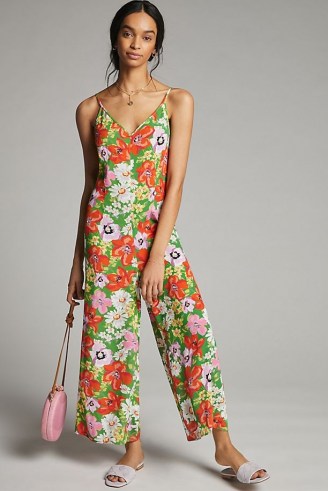 Kachel Pandora Ditsy-Print Jumpsuit | green floral cami strap summer jumpsuits