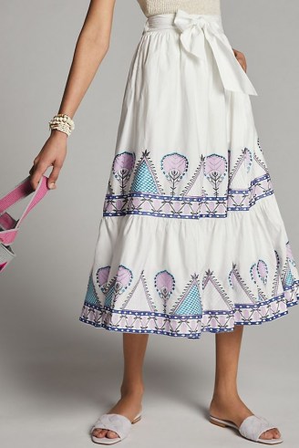 Anthropologie Magda Embroidered Midi Skirt | white cotton summer skirts