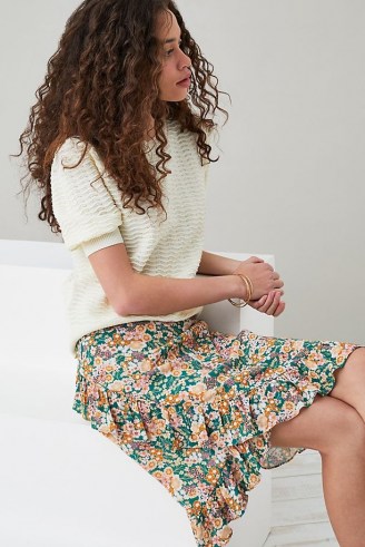 Kachel Sustainable Maria Wrap Mini Skirt | green floral ruffle trim summer skirts - flipped