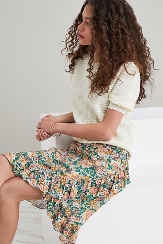 Kachel Sustainable Maria Wrap Mini Skirt | green floral ruffle trim summer skirts