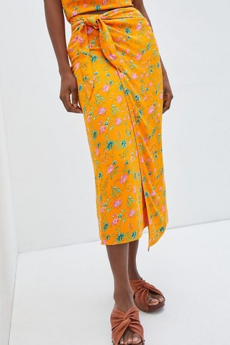 Anthropologie Sabia Wrap Midi Skirt | bright floral tie waist summer skirts - flipped