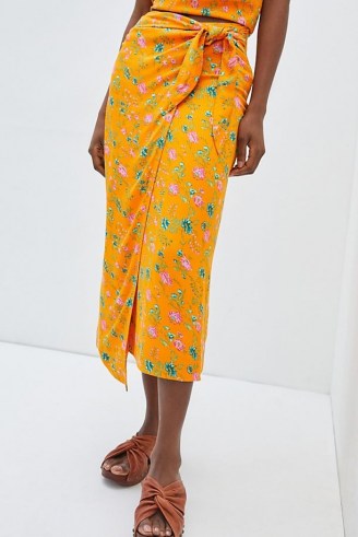 Anthropologie Sabia Wrap Midi Skirt | bright floral tie waist summer skirts