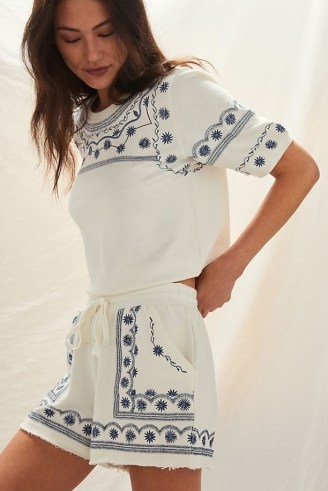 Daily Practice by Anthropologie Lou Embroidered Lounge Set / floral top and shorts loungewear sets - flipped