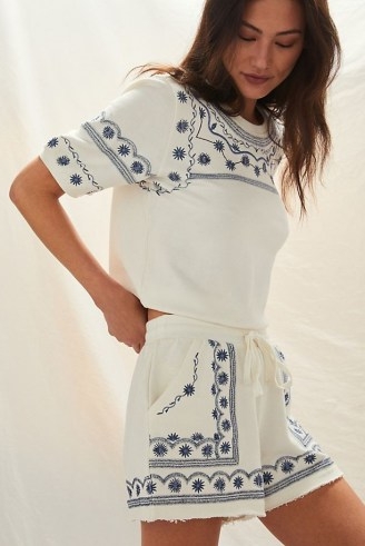 Daily Practice by Anthropologie Lou Embroidered Lounge Set / floral top and shorts loungewear sets