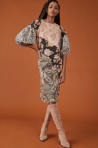 Kachel Evangeline Midi Dress / cotton mixed print midi length frock with balloon sleeves