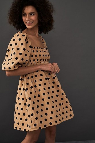 Faithfull Dallia Mini Dress / square neck fit and flare polka dot frock with shirred bust and cropped balloon sleeves