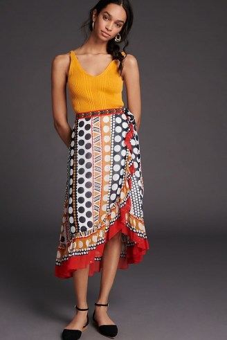 Verb Rosario Embroidered Wrap Midi Skirt Novelty | multi print side tie summer skirts with ruffle trim