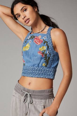 Pilcro Nika Embroidered Chambray Top | denim back tie detail crop tops - flipped