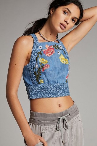 Pilcro Nika Embroidered Chambray Top | denim back tie detail crop tops