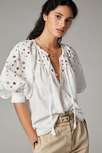 Pilcro Chantal Eyelet Blouse | white volume puff sleeve boho blouses for summer 2021 - flipped
