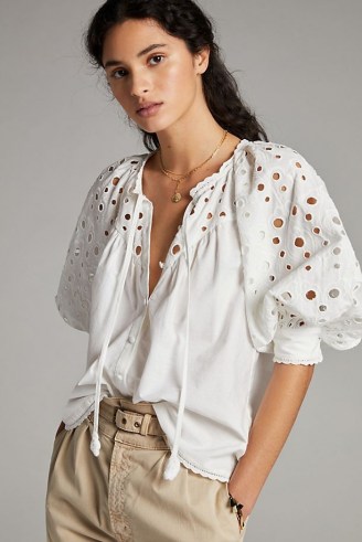 Pilcro Chantal Eyelet Blouse | white volume puff sleeve boho blouses for summer 2021