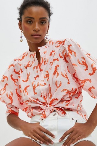 Maeve Whimsy Print Buttondown Pink Combo | cropped puff sleeve summer shirt | lobster prints - flipped