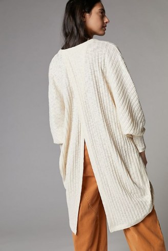 Anthropologie Lettie Tulip-Back Cardigan Ivory | classic longline open front cardigans with split back detail - flipped