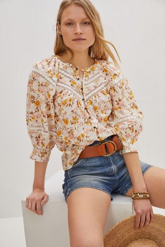 Anthropologie Harmony Lace Peasant Blouse Neutral Motif | floral summer blouses - flipped