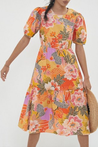 Farm Rio Maribel Maxi Dress Orange Motif | bright tiered summer dresses