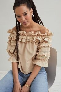 Meadows Blossom Ruffled Top – frill trim bardot blouse