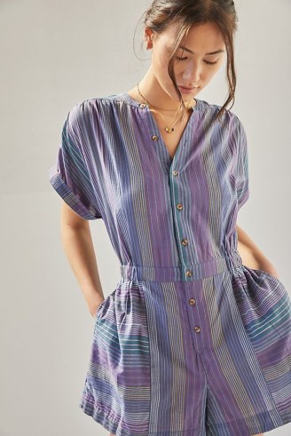 ANTHROPOLOGIE Striped Playsuit in Purple Motif ~ lightweight cotton playsuits - flipped