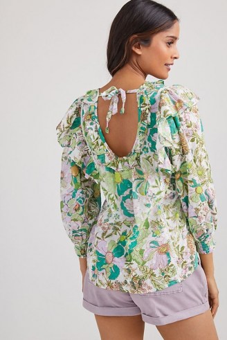 ANTHROPOLOGIE Ruffled Print Blouse in Green Motif ~ romantic back tie detail floral blouses