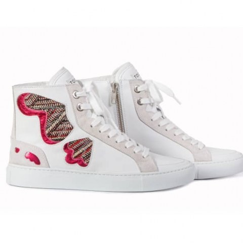 THE BOOT INSTITUTE Barcelona Butterfly Sneakers White Leather / embroidered hi top trainers - flipped