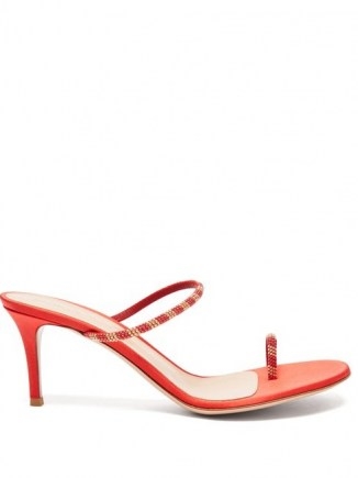 GIANVITO ROSSI Beaded 70 suede sandals / red bead embellished barely there stiletti heel sandal - flipped