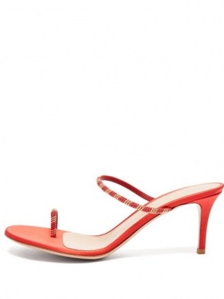 GIANVITO ROSSI Beaded 70 suede sandals / red bead embellished barely there stiletti heel sandal