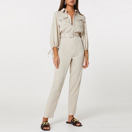 RIVER ISLAND Beige belted jumpsuit ~ neutral jumpsuits - flipped