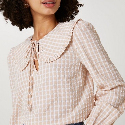 RIVER ISLAND Beige check print collar blouse top / oversized collar blouses