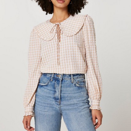 RIVER ISLAND Beige check print collar blouse top / checked oversized collar blouses - flipped