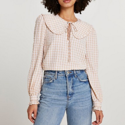 RIVER ISLAND Beige check print collar blouse top / checked oversized collar blouses